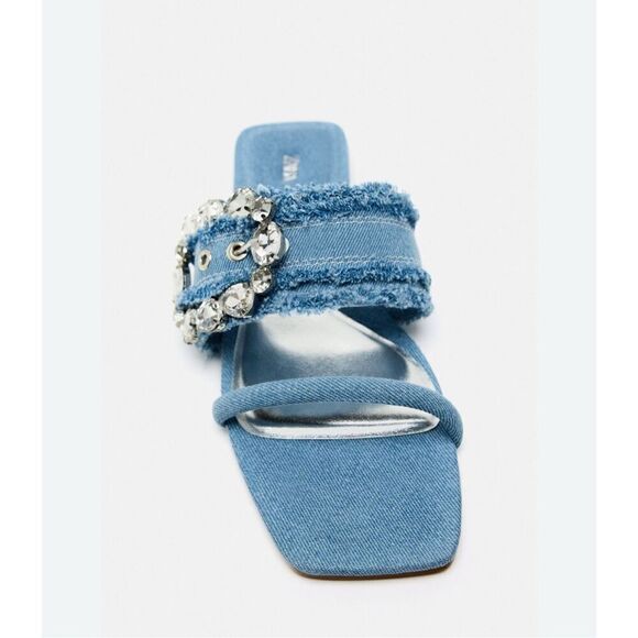 NWT Zara Blue Denim Flat Buckled Sandals 37 6.5 - Picture 4 of 11